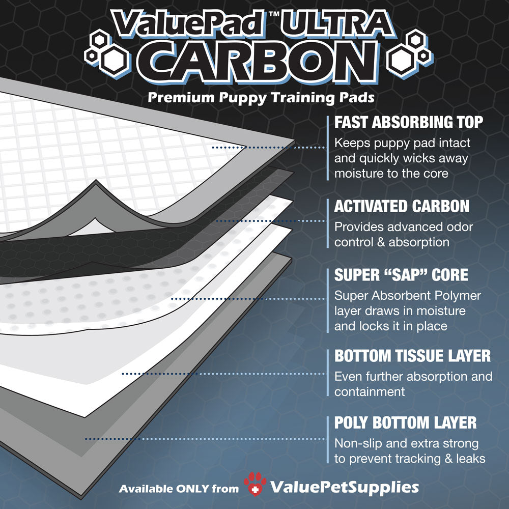 ValuePad Ultra Carbon Puppy Pads, Medium 23x24 Inch, 200 Count - Super Premium Puppy Pee Pads for Dogs, Activated Charcoal, Fast Absorbing Top Sheet, Super Absorbent Gel Core, 5-Layer Design 