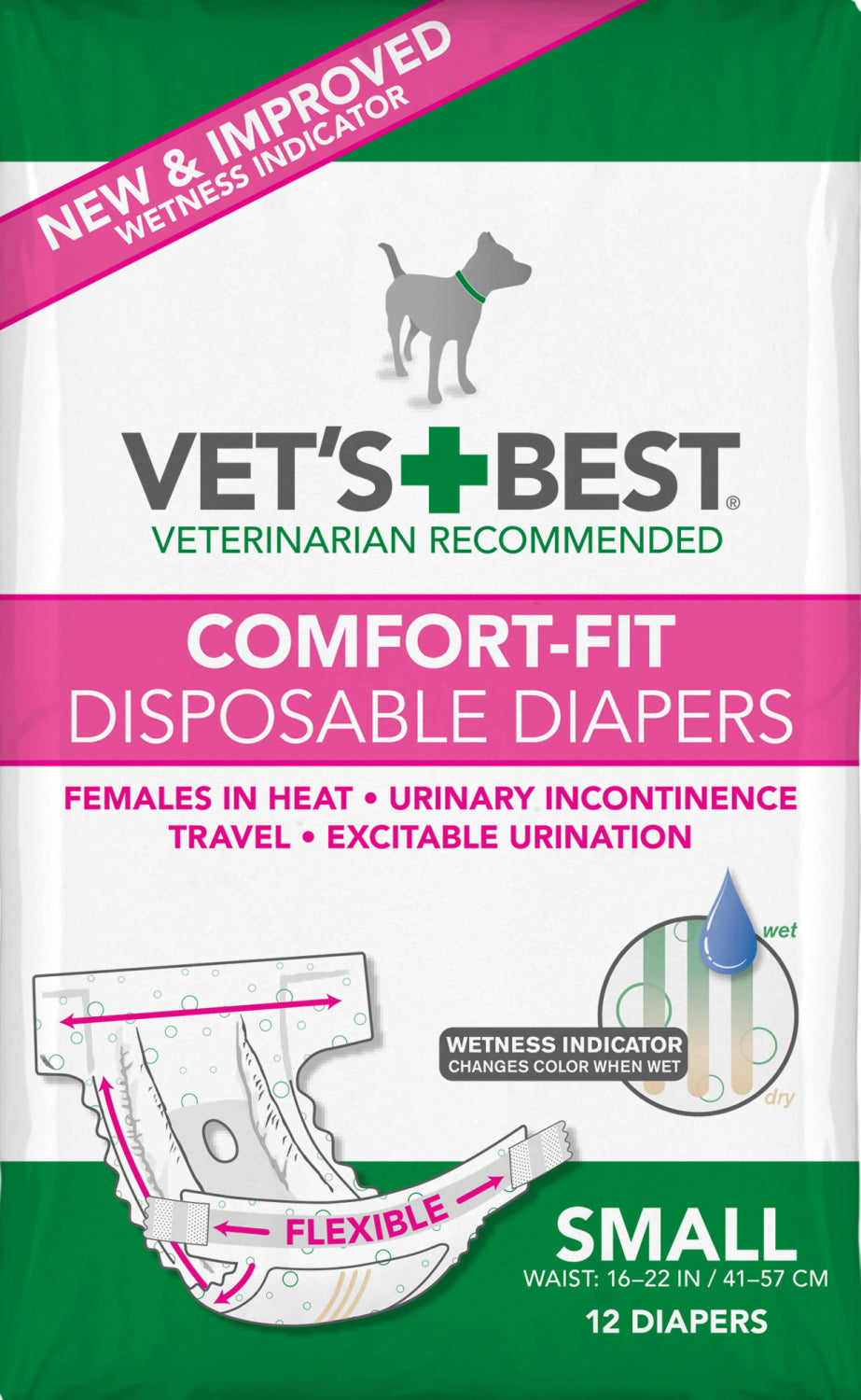 Vet's Best Diapers with Tail-Hole for Female Dogs, Comfort-Fit Disposable, Small, 12 Count, 6 Pack - 